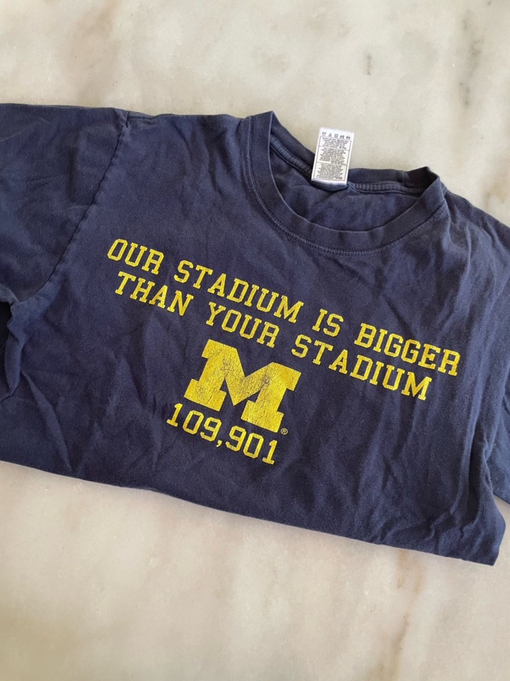 Gildan Navy Blue Tee with Yellow Block Lettering University of Michigan